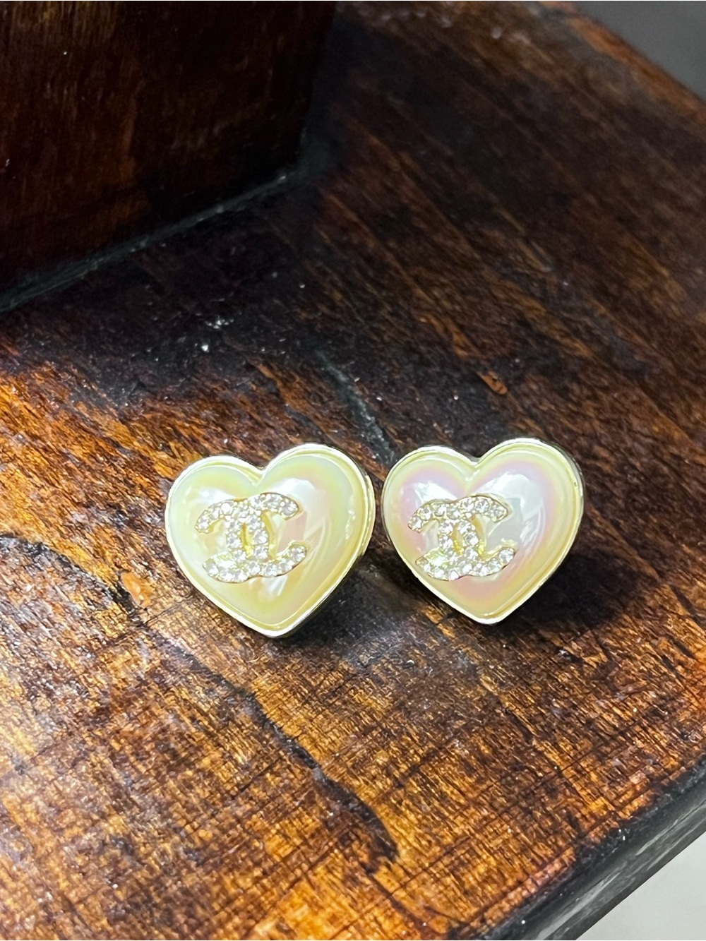 CHANEL Iridescent Heart Stud Earrings in Pale Yellow-Pink